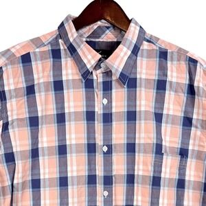 DVISION BRAND Mens XXL Plaid Short Sleeve Button Up Shirt Peach Navy Blue White
